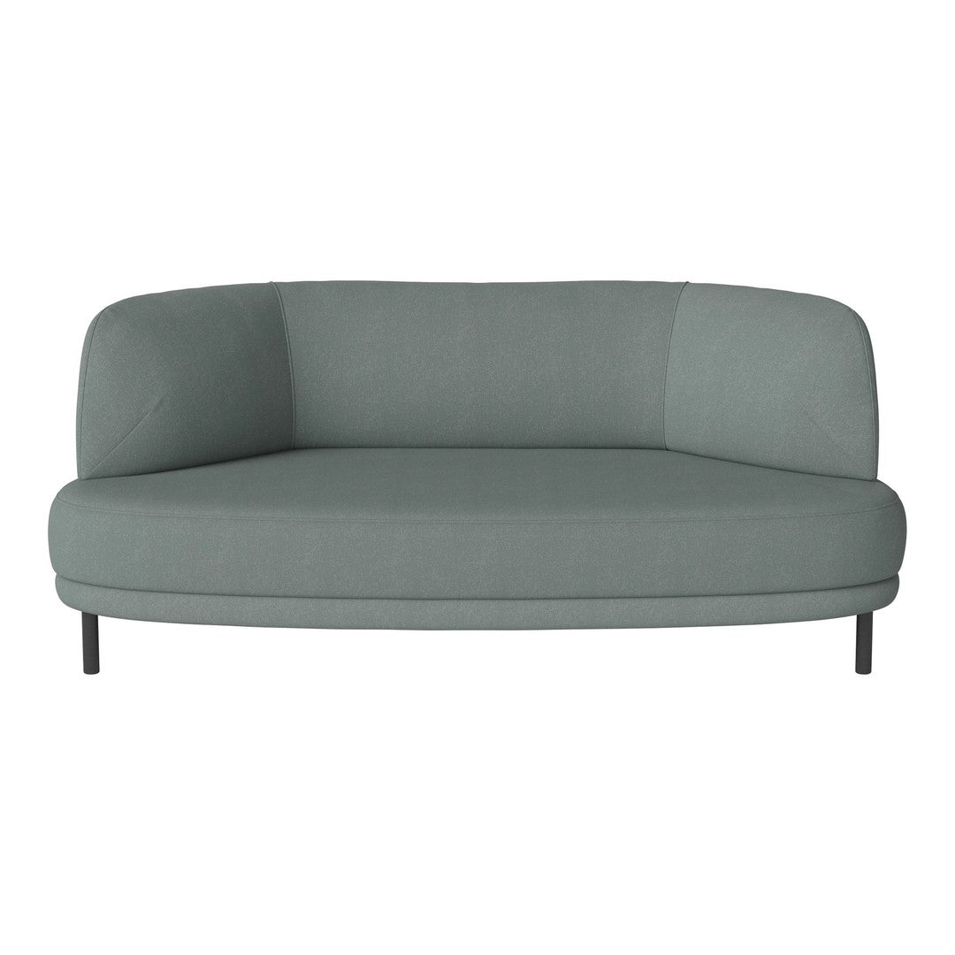 Curved, modern sofa in soft, muted teal fabric with a smooth texture and minimalist design. Perfect for contemporary spaces.