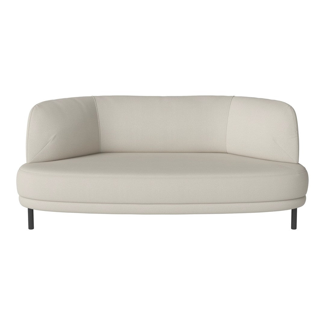 Light beige fabric sofa with a smooth, curved design and minimalist aesthetic. Perfect for modern interiors.