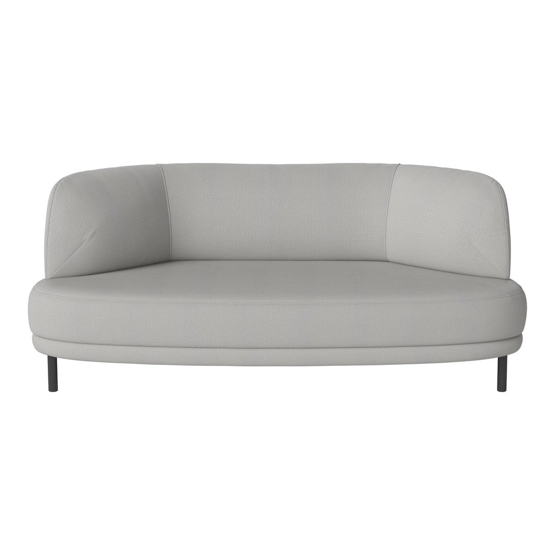 Light grey curved sofa with a smooth, minimalist design and no patterns, featuring sleek metal legs.