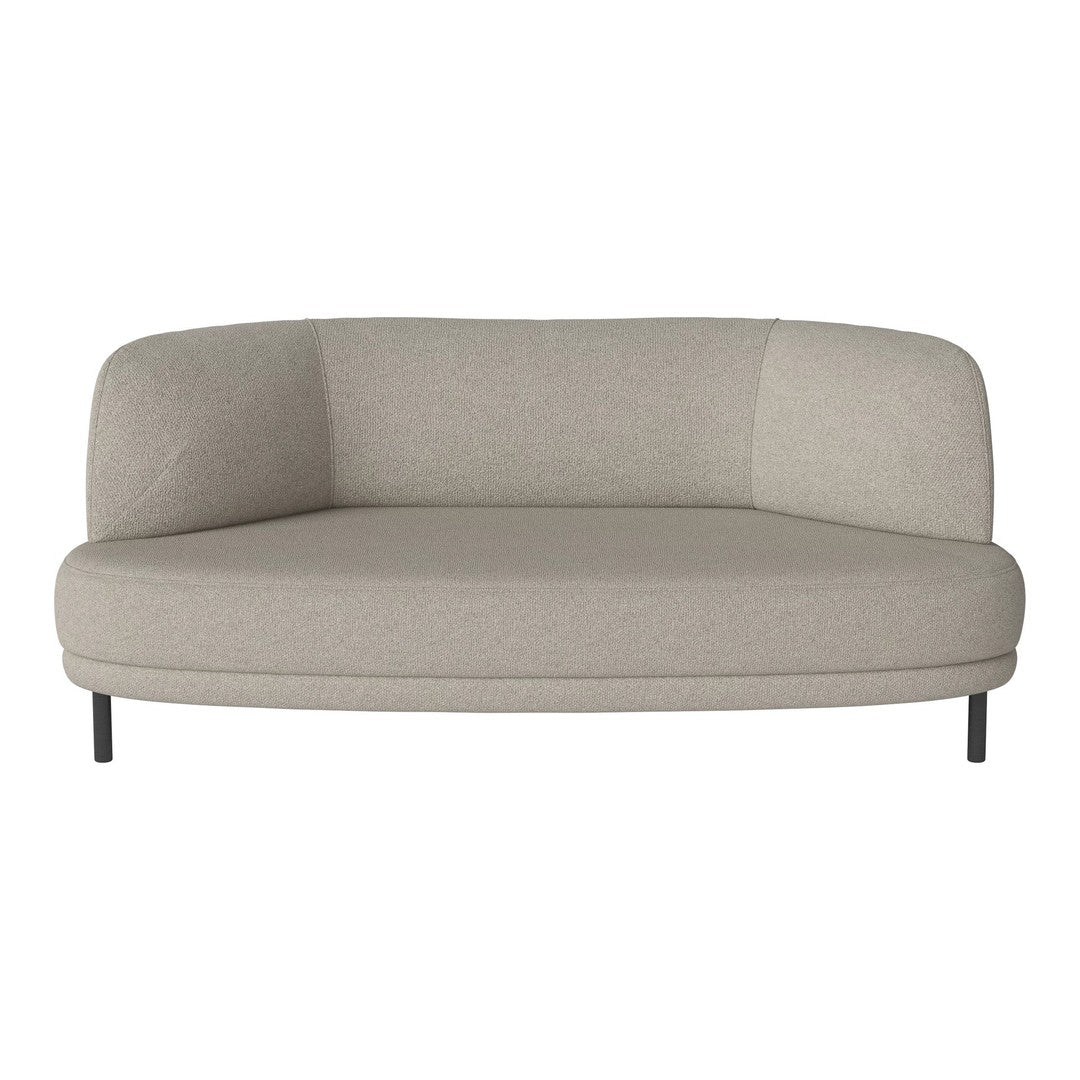 Light gray curved sofa with subtle texture and minimalist design, featuring a sleek metal frame.