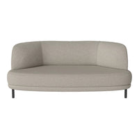 Light gray curved sofa with subtle texture and minimalist design, featuring a sleek metal frame.
