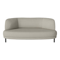 Light gray, curved sofa with smooth fabric and minimalist design, featuring a seamless pattern and modern metal legs.