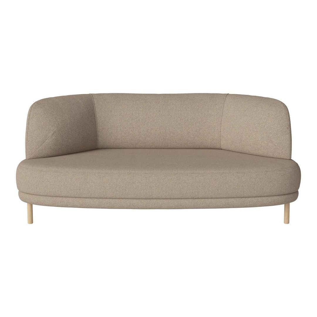 Minimalist beige curved sofa with smooth upholstery and light wooden legs, perfect for modern decor.