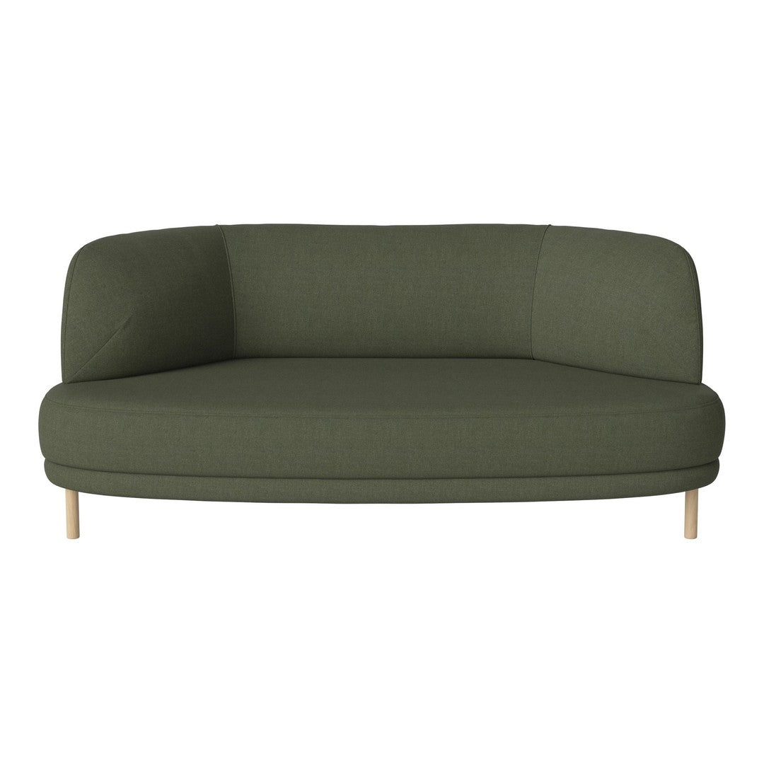 Olive green fabric sofa with a sleek, modern design and light wooden legs, perfect for contemporary interiors.