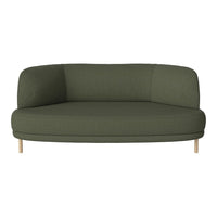 Olive green fabric sofa with a sleek, modern design and light wooden legs, perfect for contemporary interiors.