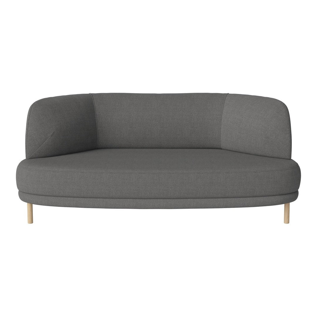 Grey upholstered sofa with rounded edges and wood legs, featuring a minimalist design and subtle texture.