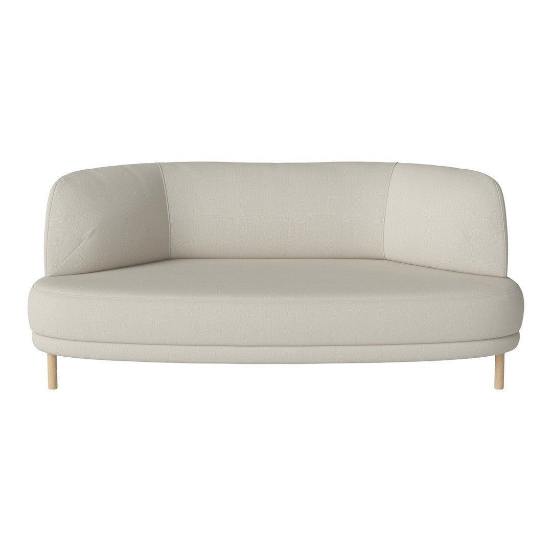 Modern beige curved sofa with a smooth fabric finish and light wooden legs, perfect for any contemporary living space.