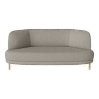 Curved two-tone sofa in soft gray fabric with light wooden legs for a modern, stylish touch.