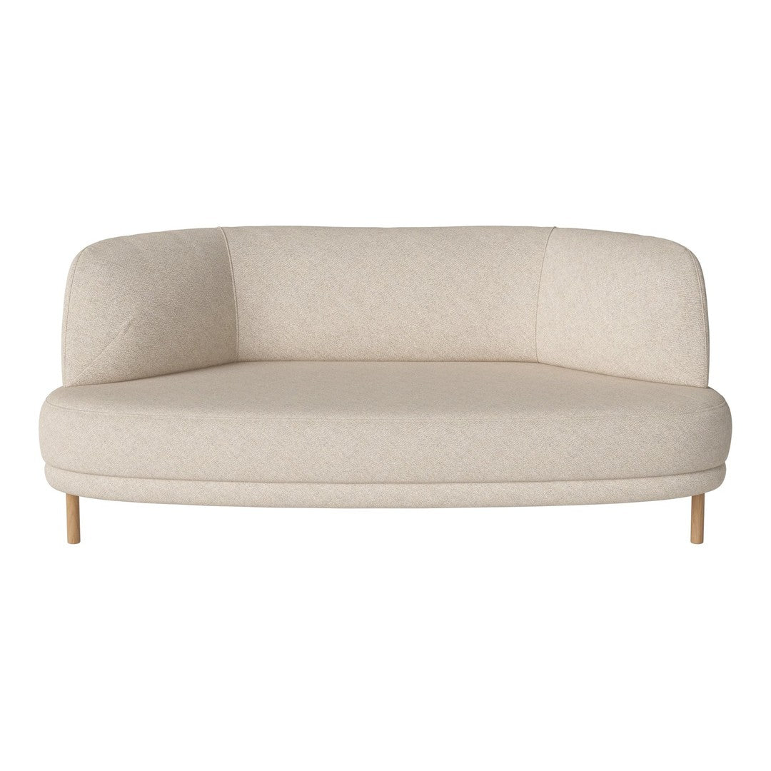 Beige curved sofa with a smooth texture and minimalistic design, featuring light wooden legs.