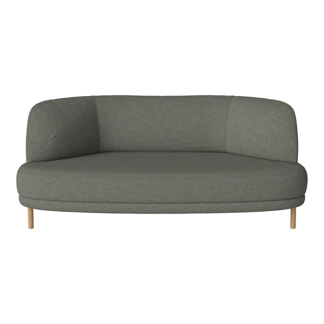 Curved sofa in soft gray fabric with a smooth, minimalist design and natural wood legs. Ideal for modern decor.