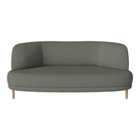 Curved sofa in soft gray fabric with a smooth, minimalist design and natural wood legs. Ideal for modern decor.