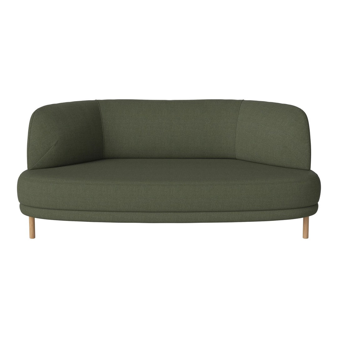 Olive green, minimalist curved sofa with a smooth fabric texture and light wooden legs. Perfect for modern spaces.