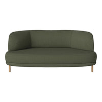 Olive green, minimalist curved sofa with a smooth fabric texture and light wooden legs. Perfect for modern spaces.