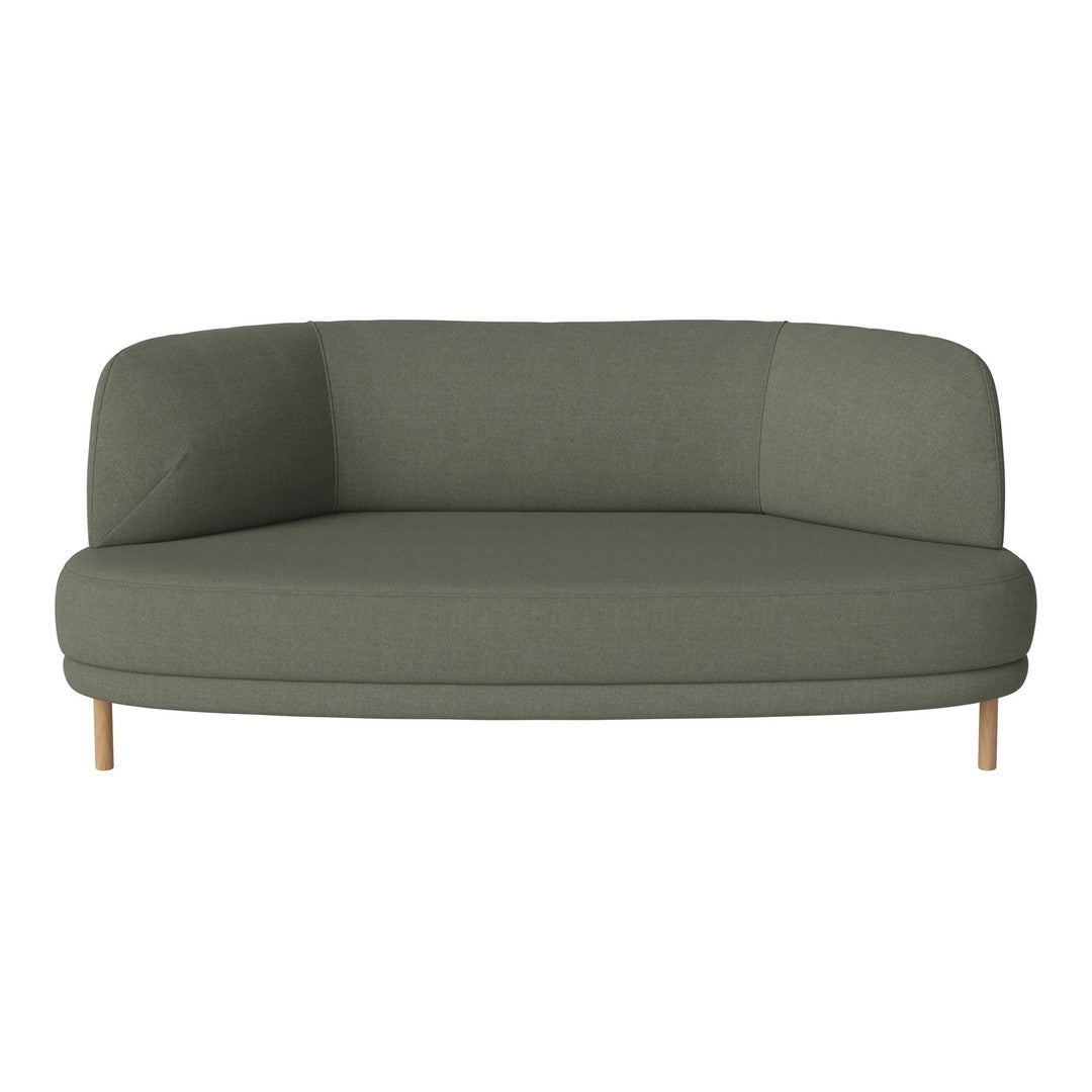 Olive green curved sofa with smooth fabric and light wooden legs, offering a modern and minimalist style.