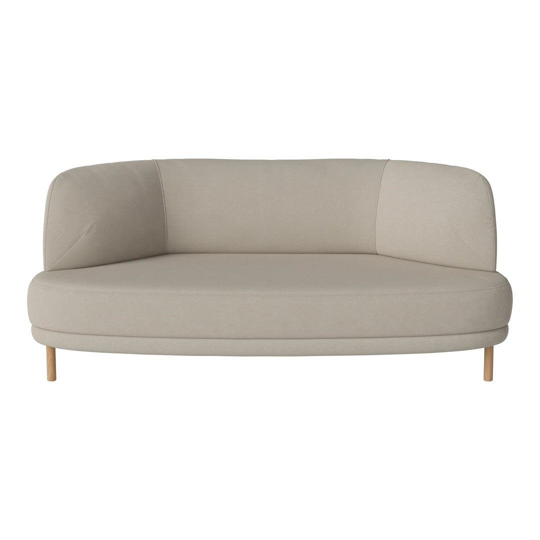 Light beige upholstered sofa with a smooth, curved design and wooden legs, showcasing a simple, modern pattern.
