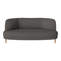 Gray upholstered sofa with a smooth, curved design and light wooden legs. Ideal for modern living spaces.