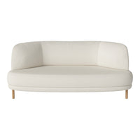 Curved white sofa with a smooth fabric finish and natural wooden legs, ideal for modern decor.