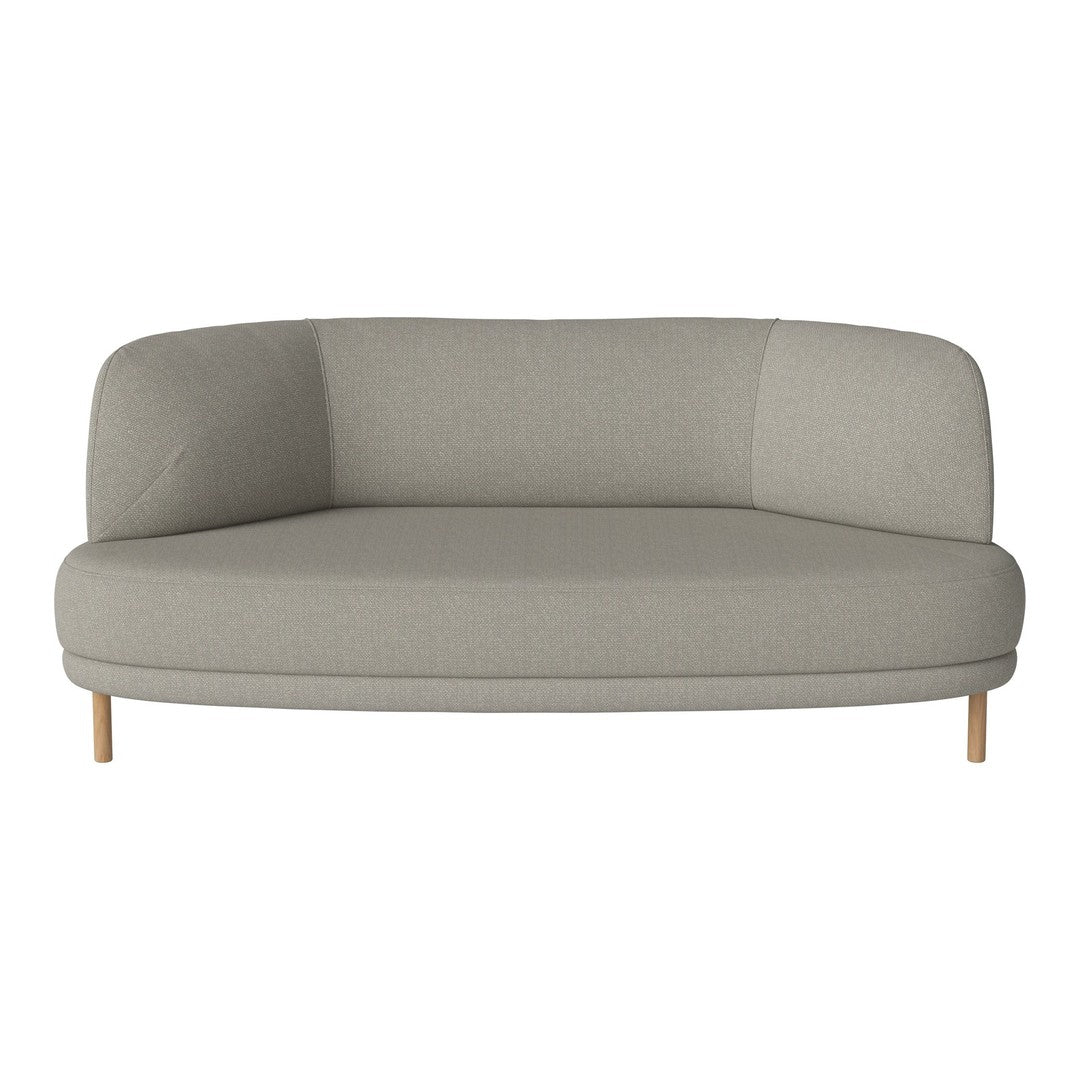 Light gray modern sofa with a curved shape and smooth fabric. Natural wood legs complement its minimalist design.