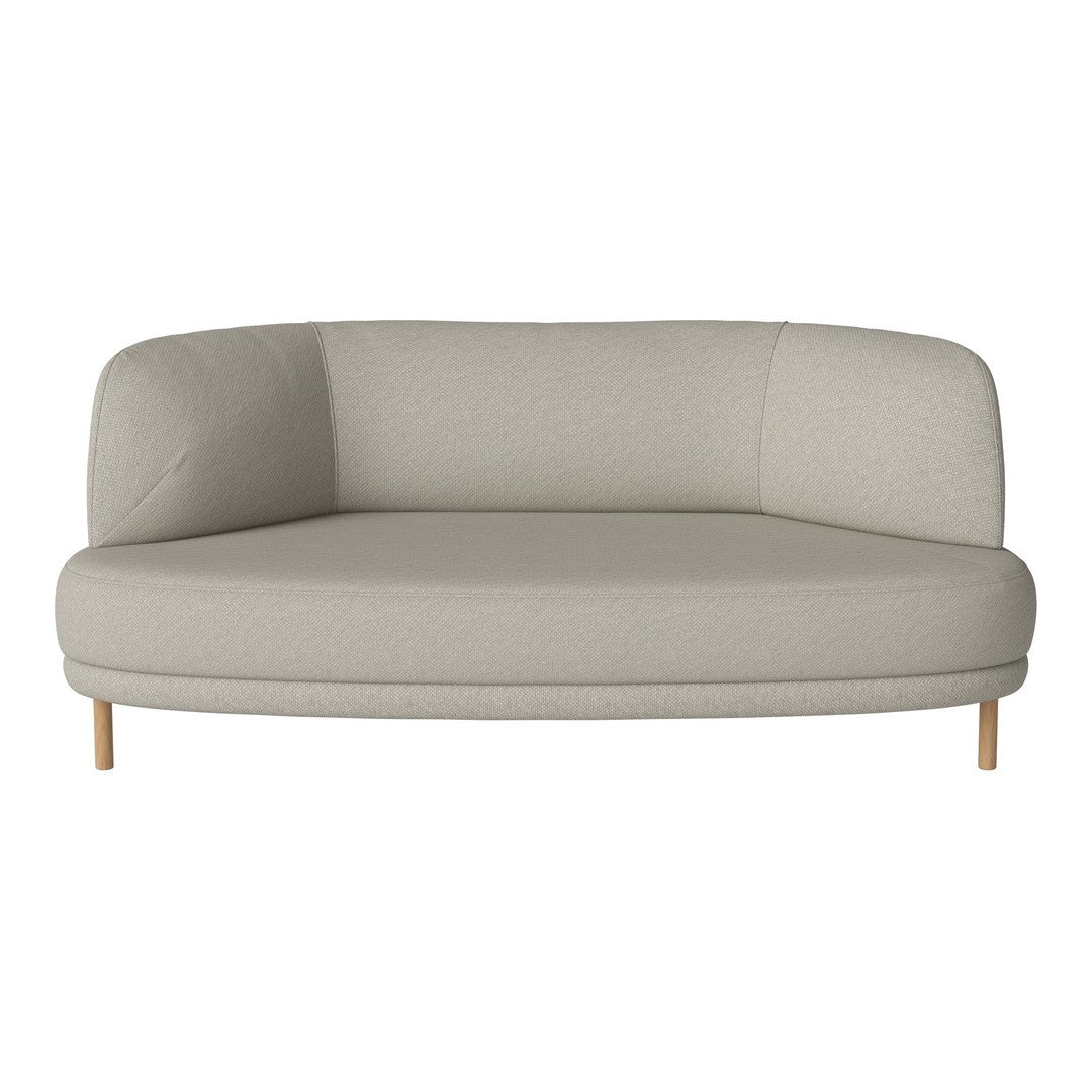 Light gray fabric sofa with a curved design and natural wood legs, featuring a simple and modern aesthetic.