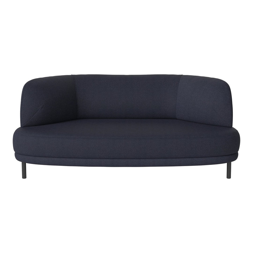 Navy blue upholstered curved sofa with a smooth texture and minimalist design, complemented by black metal legs.