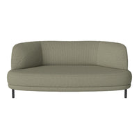 Curved, modern sofa in muted olive green fabric with a subtle textured pattern and sleek black legs.
