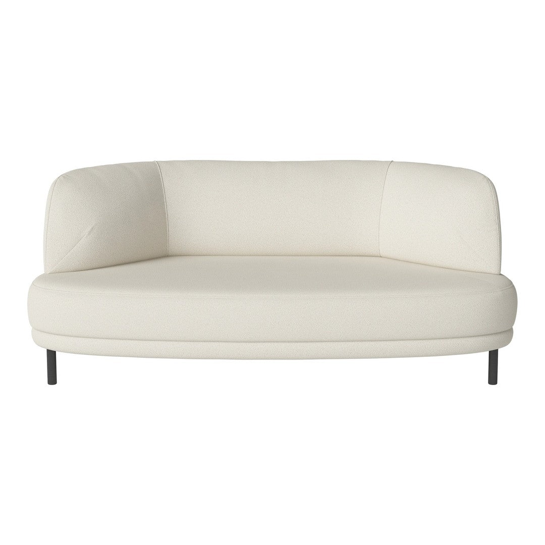 Cream-colored curved sofa with a smooth fabric texture and minimalist design, perfect for modern decor.