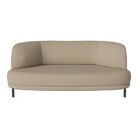 Beige modern sofa with curved back and minimalist design, featuring a textured fabric and sleek metal legs.