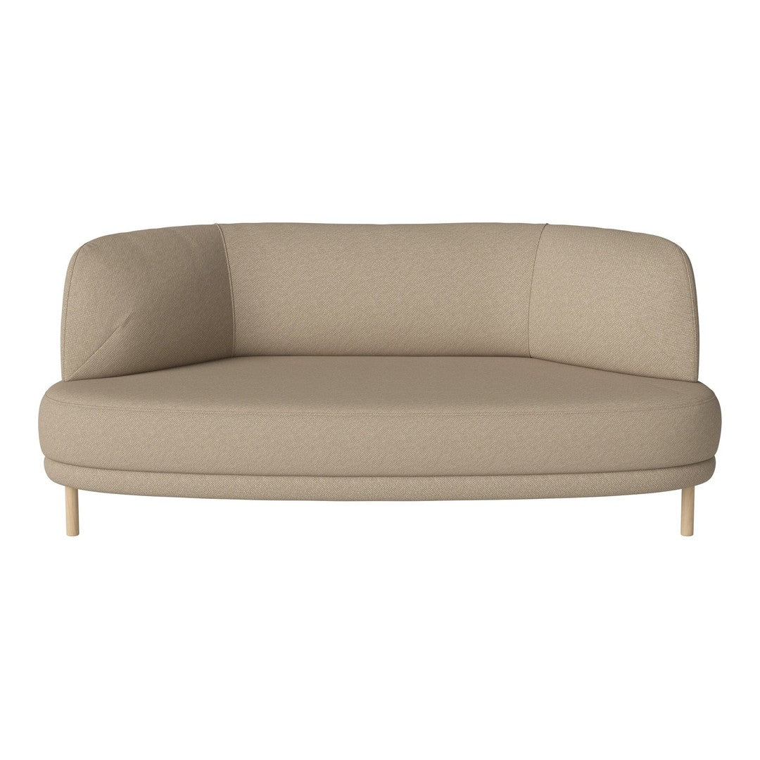 Beige curved loveseat with smooth upholstery and light wooden legs, perfect for modern living spaces.