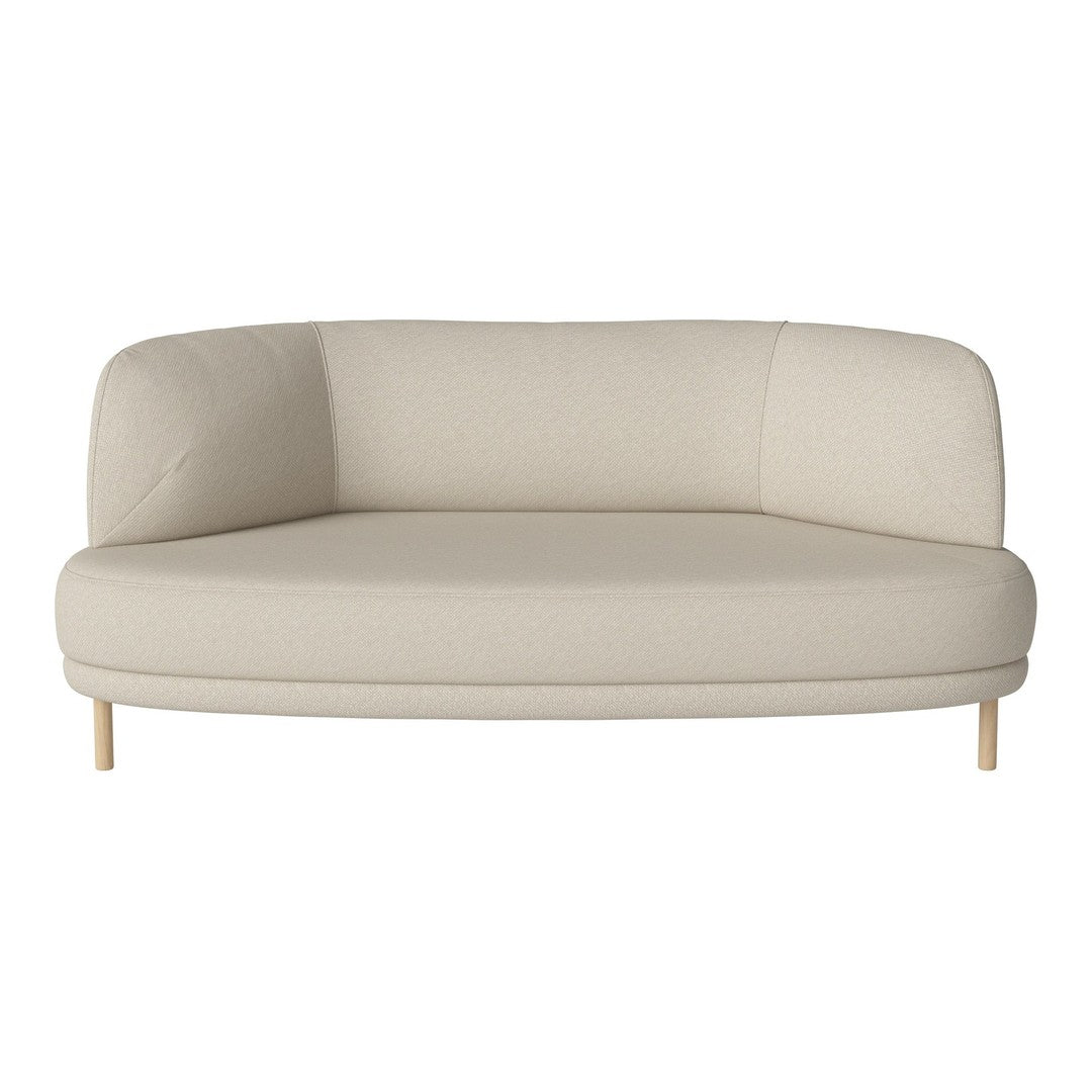 Cream-colored, curved sofa with smooth fabric and light wooden legs, offering a minimalist and modern design.