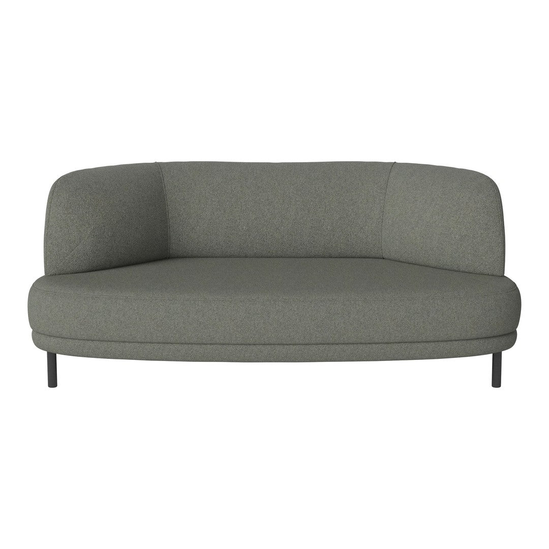 Gray curved sofa with a smooth, minimalist design and soft fabric texture, perfect for modern decor.