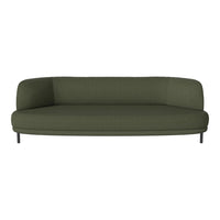 Olive green modern sofa with smooth upholstery and a minimalist design, featuring rounded edges and sleek black legs.