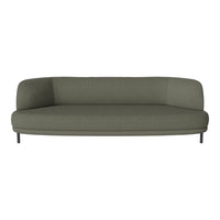 Green upholstered sofa with a smooth, minimalistic design and curved edges, featuring a solid color pattern.