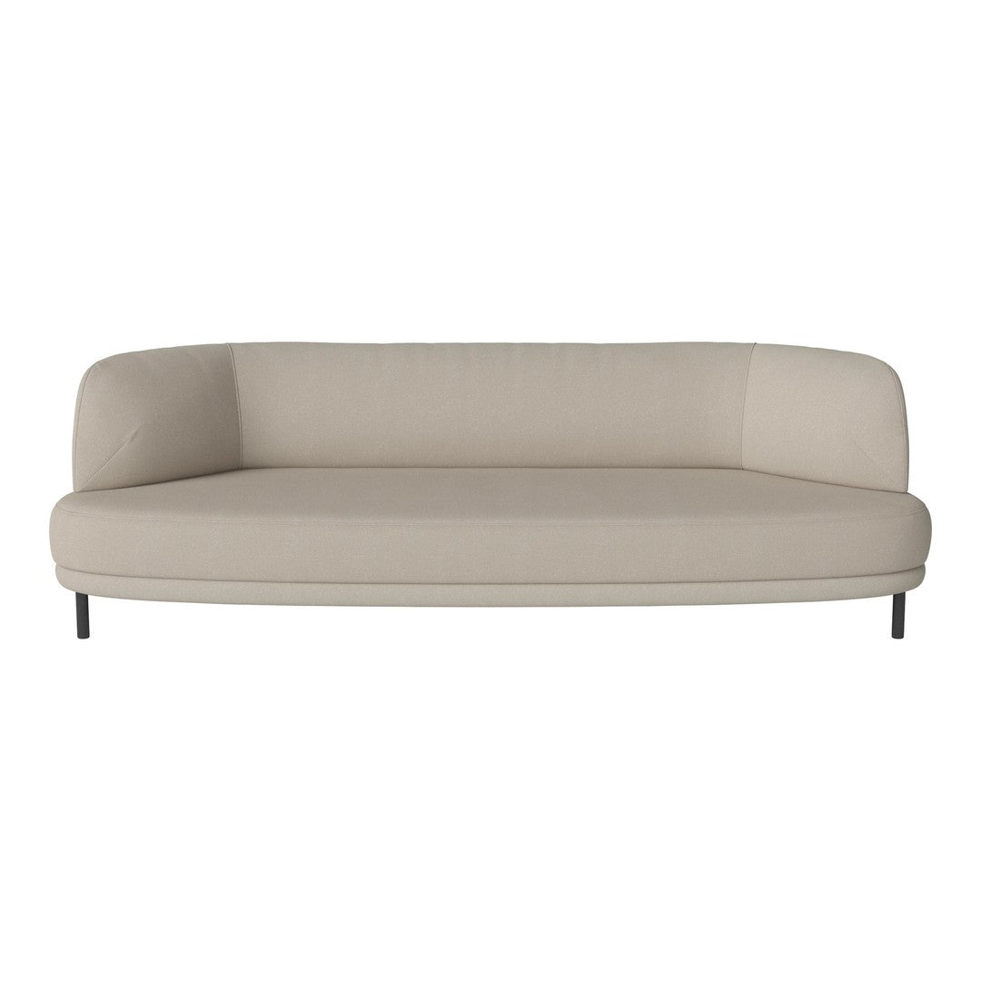 Beige curved sofa with smooth upholstery and minimalistic design, set on sleek black legs. Perfect for modern interiors.