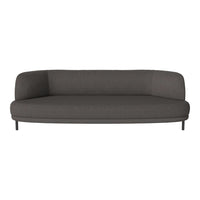 Gray modern sofa with a sleek, minimalist design and smooth fabric texture, featuring clean lines and subtle curves.
