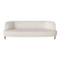 Modern white sofa with a sleek, curved design and minimalist aesthetic, featuring a smooth fabric upholstery.