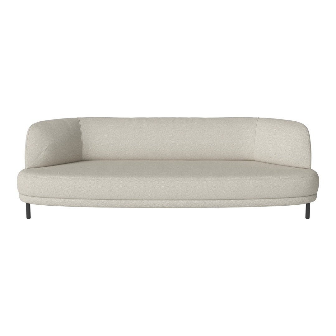 Light beige curved sofa with smooth fabric surface and subtle texture, featuring sleek black legs for a modern look.