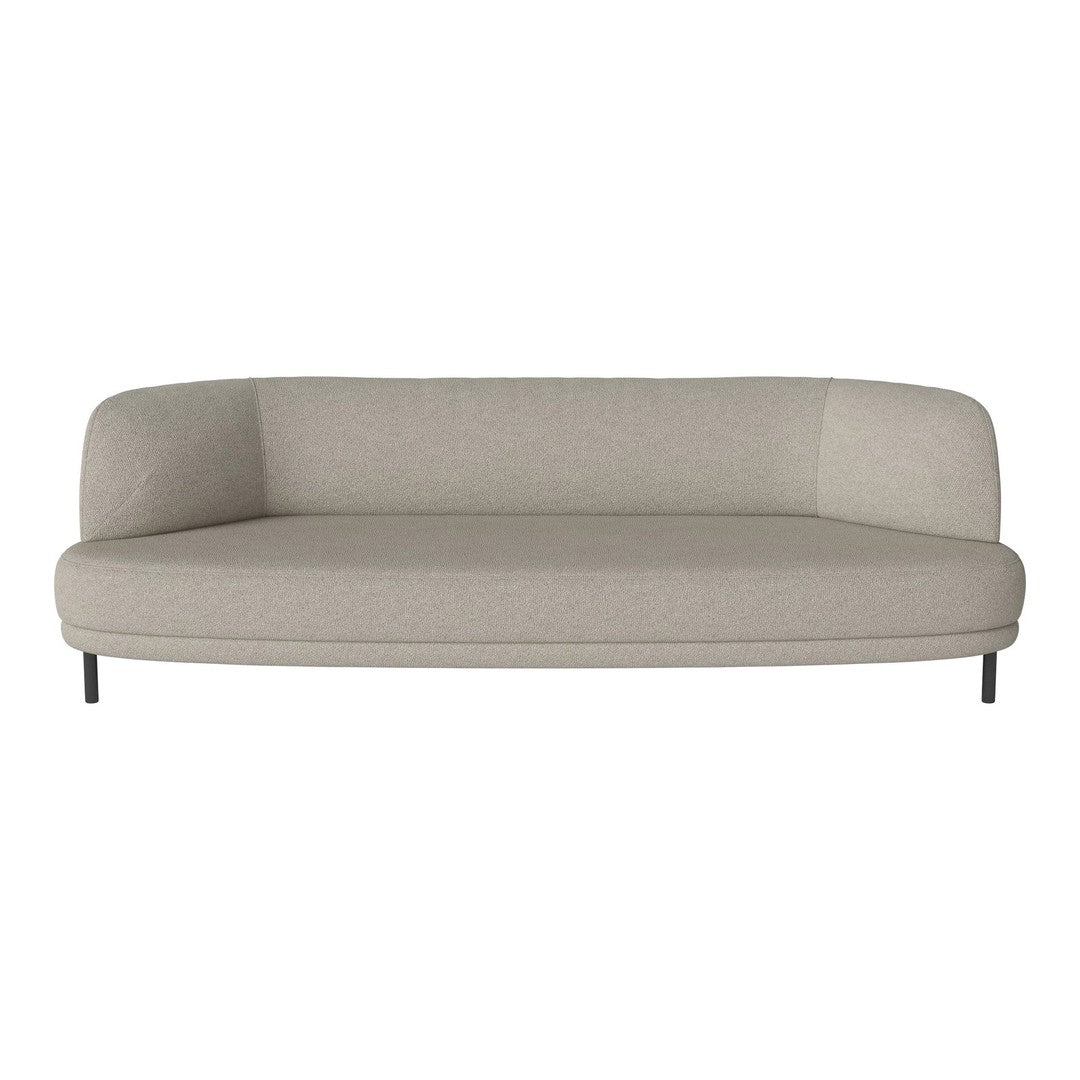 Curved beige sofa with a smooth, solid fabric design and black metal legs, perfect for modern interiors.