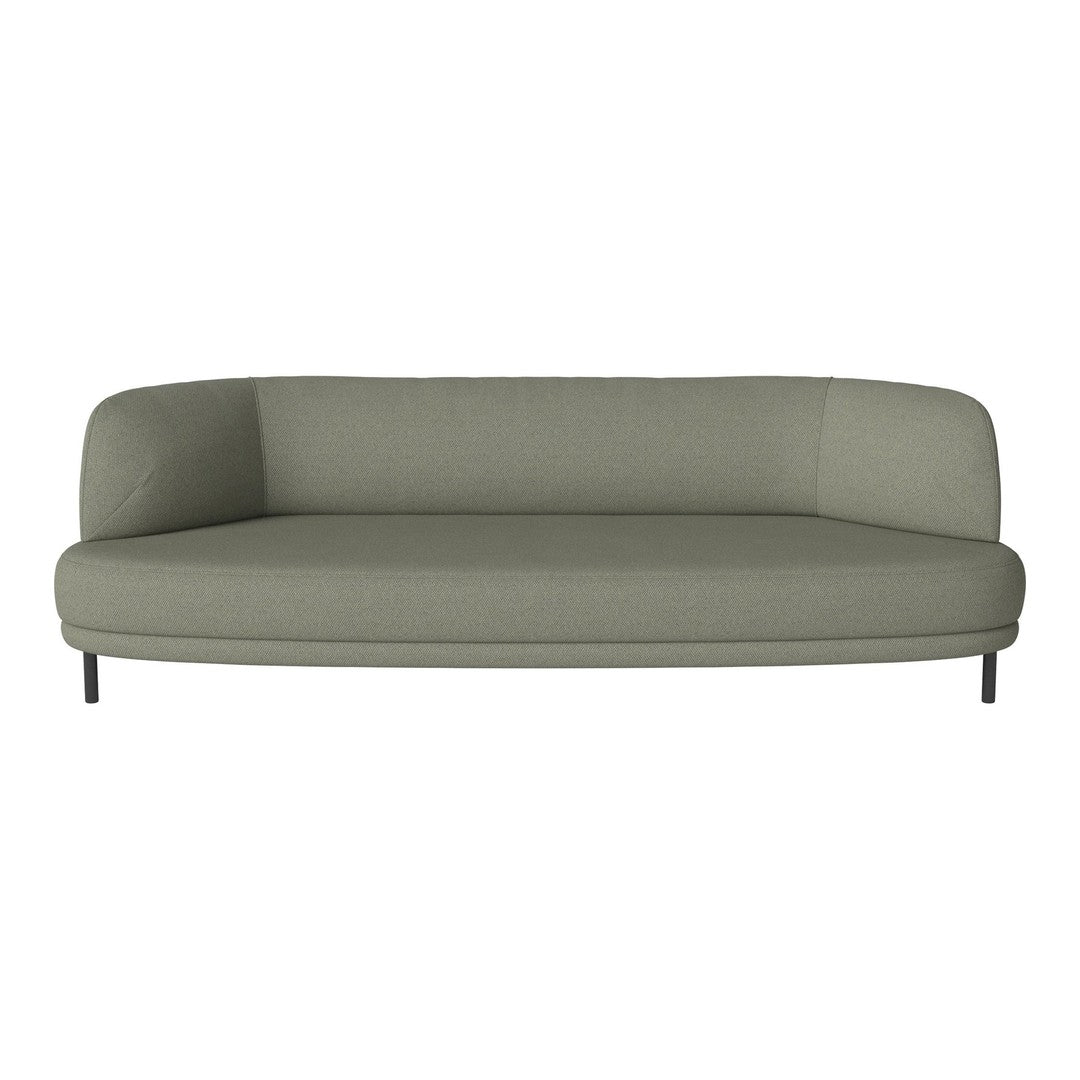 Stylish curved sofa in soft sage green fabric with a smooth texture and minimalist design. Ideal for modern decor.