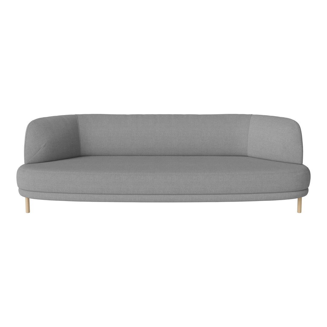 Gray curved sofa with a smooth, modern fabric and light wood legs, ideal for minimalist decor.