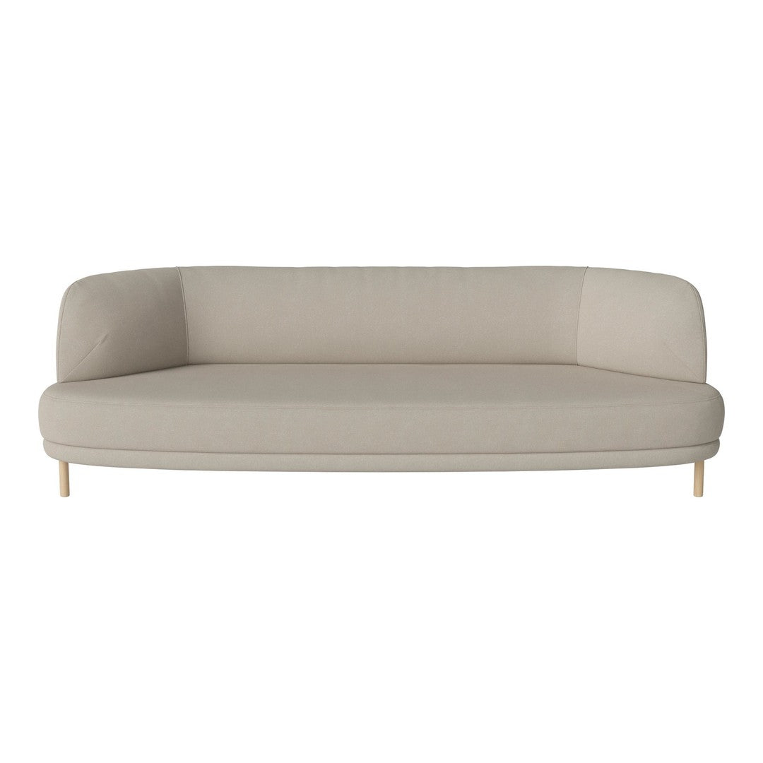 Light beige curved sofa with a smooth, minimalist design and wooden legs. Perfect for modern interiors.
