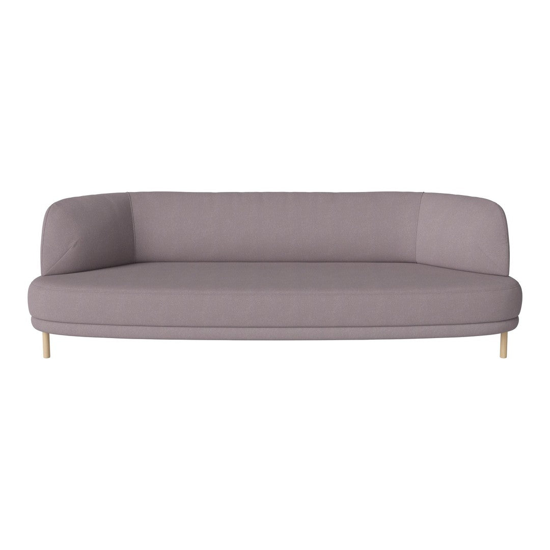 Soft lavender sofa with a smooth fabric finish and rounded edges, featuring light wooden legs.