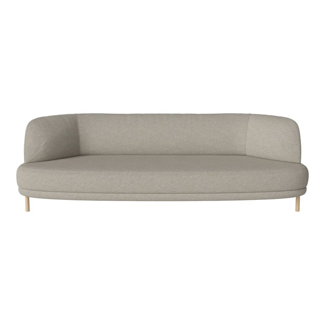 Light beige sofa with smooth, minimalist design and understated curved edges, complemented by natural wood legs.