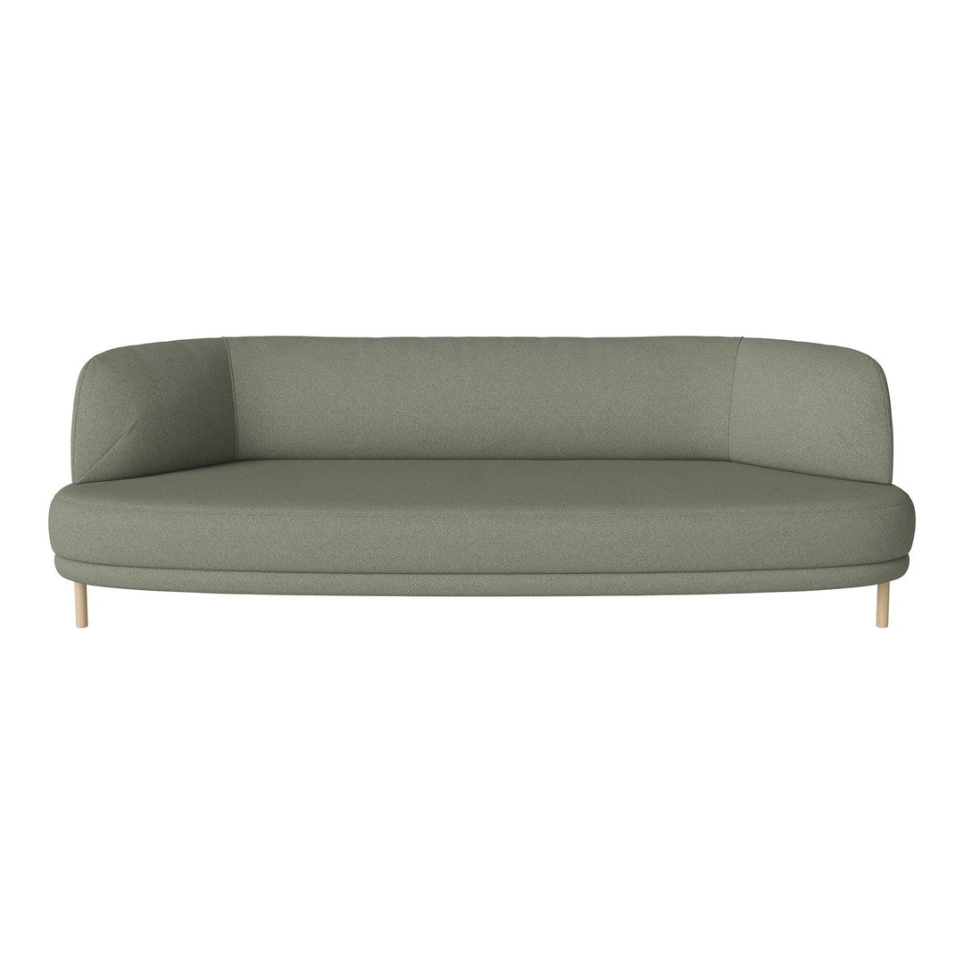 Green fabric sofa with a sleek, minimalist design and wooden legs, featuring a smooth, solid color pattern.