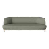Green fabric sofa with a sleek, minimalist design and wooden legs, featuring a smooth, solid color pattern.