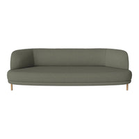 Sleek, modern sofa in muted olive green fabric with a smooth, minimalist design and natural wood legs.