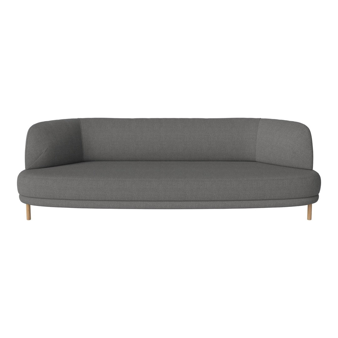 Gray fabric sofa with smooth contours and wooden legs, featuring a minimalist design. Perfect for modern living spaces.