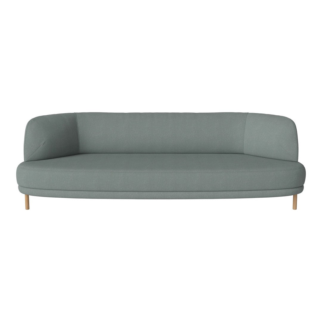 Light gray curved sofa with smooth upholstery and wooden legs, featuring a minimalist design and subtle texture.