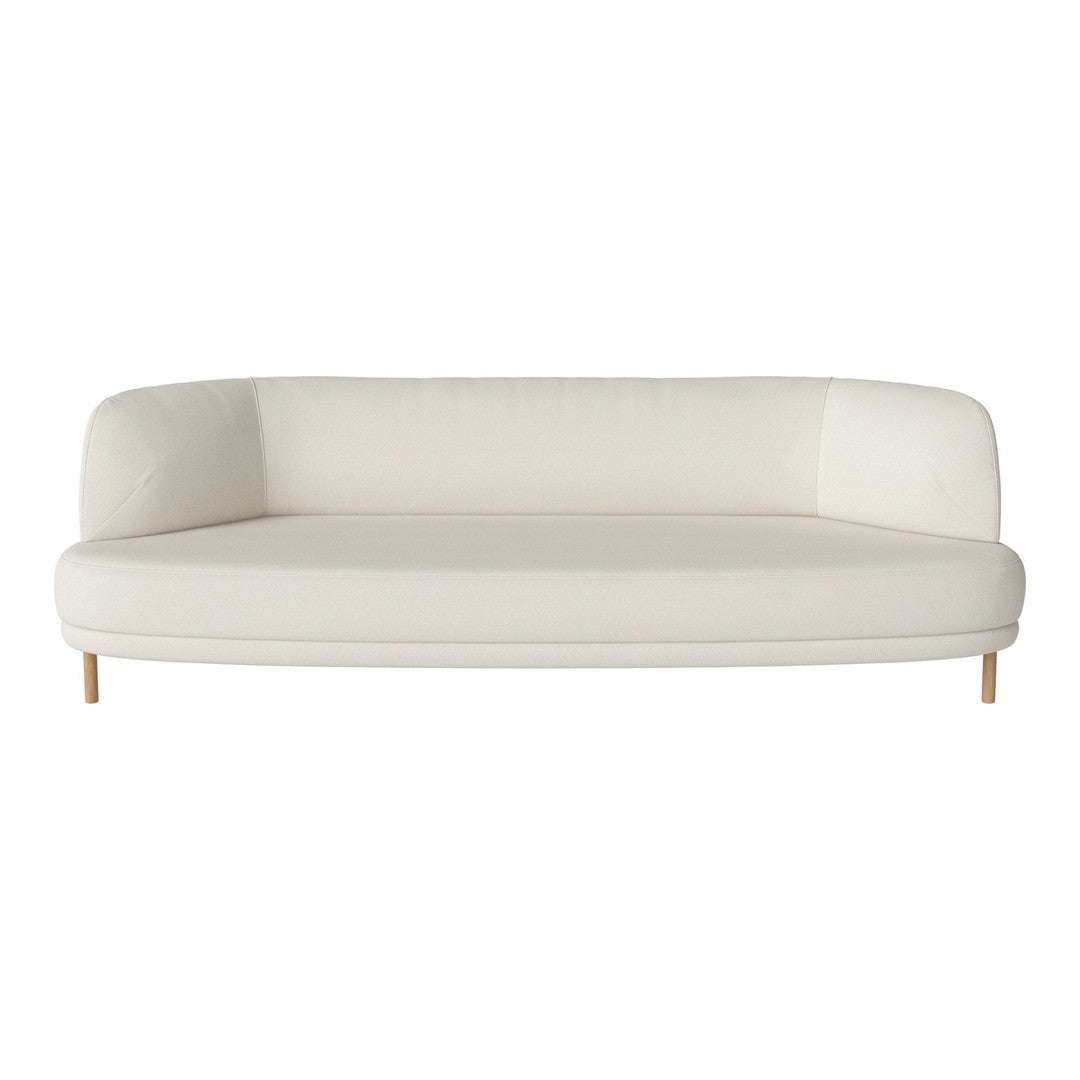 Cream-colored curved sofa with smooth, minimalist design and light wooden legs. Perfect for modern interiors.