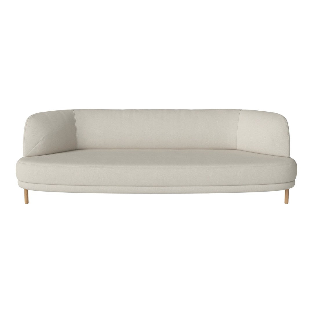 Light beige curved sofa with a smooth fabric finish and natural wooden legs. Ideal for modern living spaces.