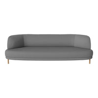 Grey sofa with a smooth, minimalist design and light wooden legs, perfect for modern decor.